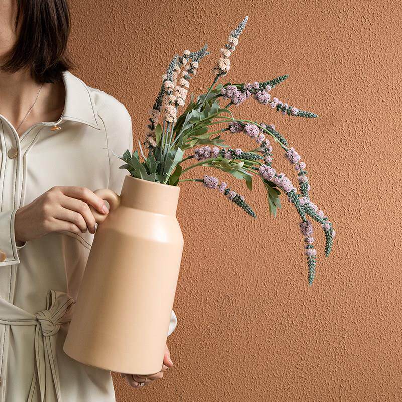 小悠家〖简约现代〗粉色单耳陶瓷花器客厅装饰品雪柳水培花瓶微瑕