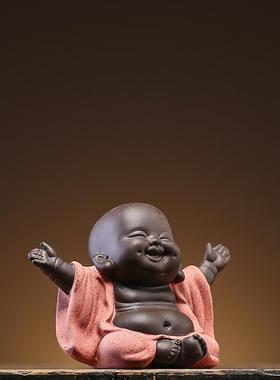 创意紫砂招财弥勒笑佛家居装饰品摆件办公室客厅工艺品造景摆设