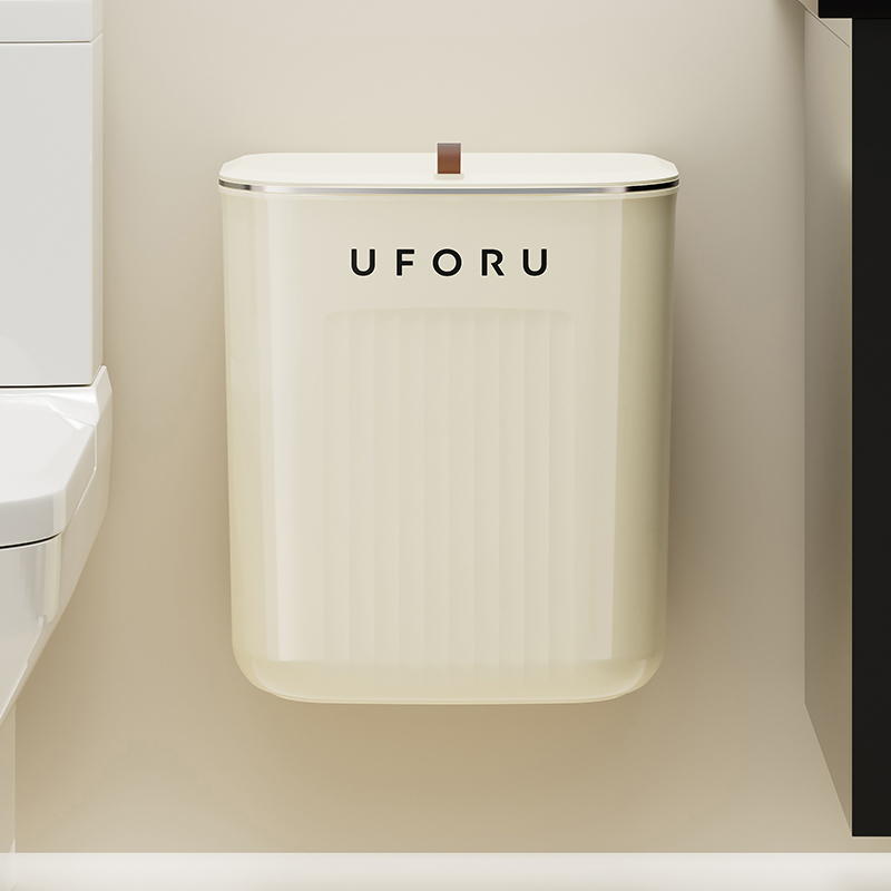奶油风厨房d2023新款垃圾桶挂式家用带盖子整体橱柜门厨余收纳桶