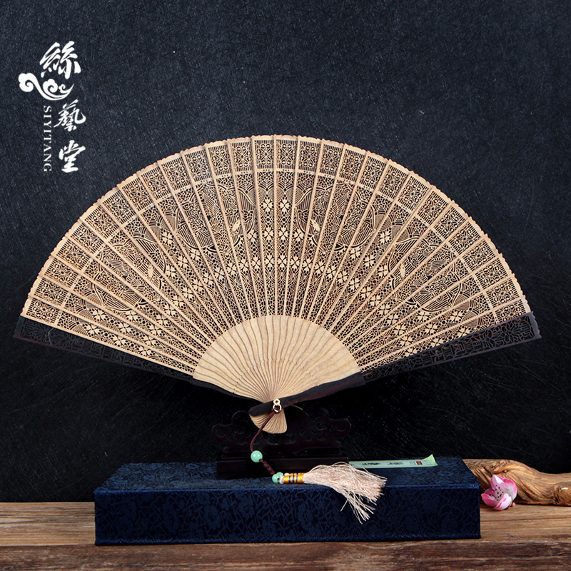 丝艺堂缅香木扇檀香扇子 中国风折扇女式礼M品镂空雕花古风工艺扇