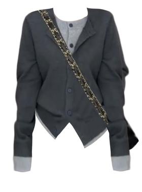 大码胖设妹妹韩系慵懒BQJ拼件色假两织针开衫女秋季计感撞色上衣