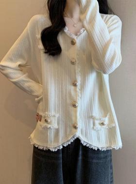 法式别致v胖领小香风针织开衫女025秋冬大码mm特毛衣独外套6600LY