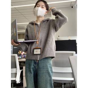 潮牌连学生时帽衣针织开衫毛衣女秋冬尚软糯卫纯色百搭外套8288Q