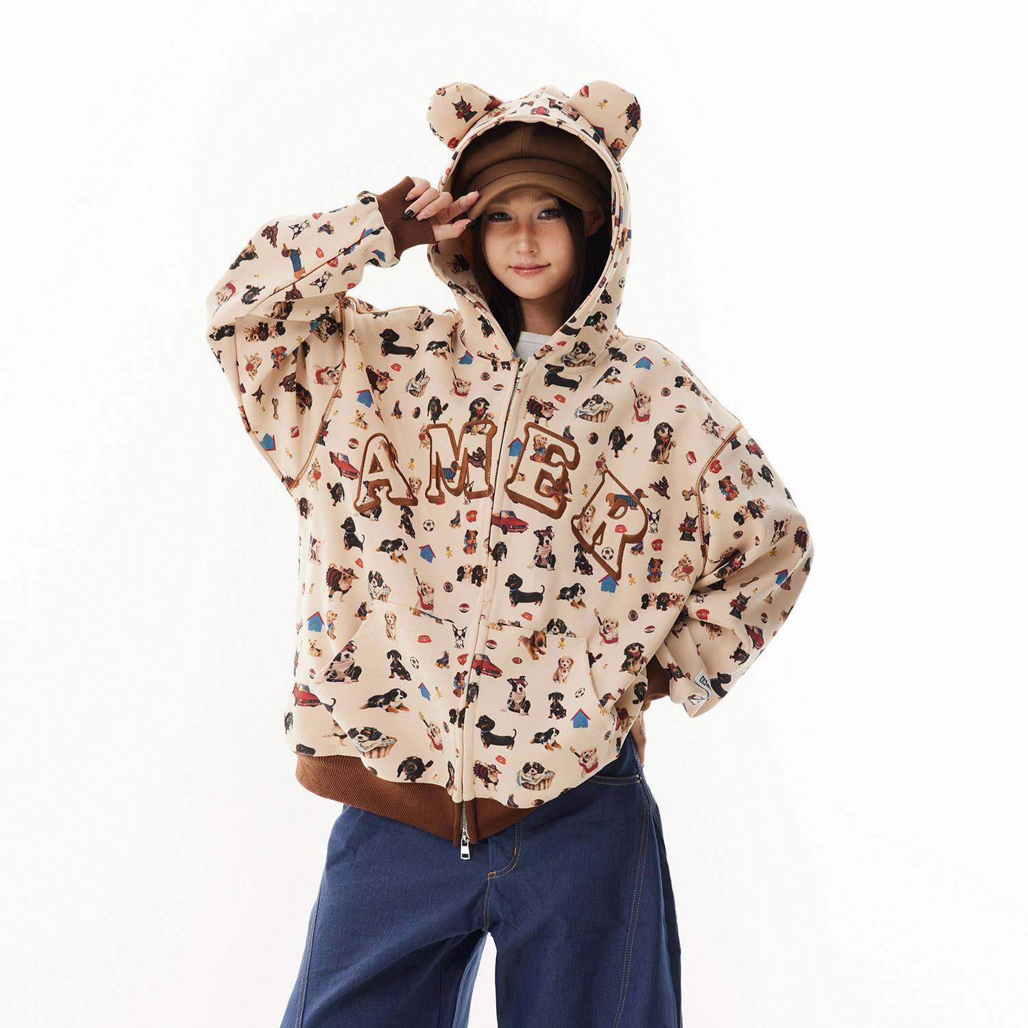 SREK 美式古GXO小狗满复耳休朵连帽卫衣女印秋季宽松闲潮牌情侣外,女装/女士精品,卫衣/绒衫,淘宝优惠券,粉丝福利购,淘宝优惠卷