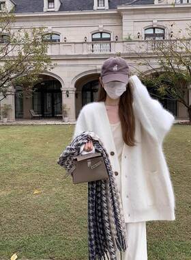 f款17608-1uf奶u紫色水貂绒开衫女冬温柔韩版宽松慵懒中秋长针织