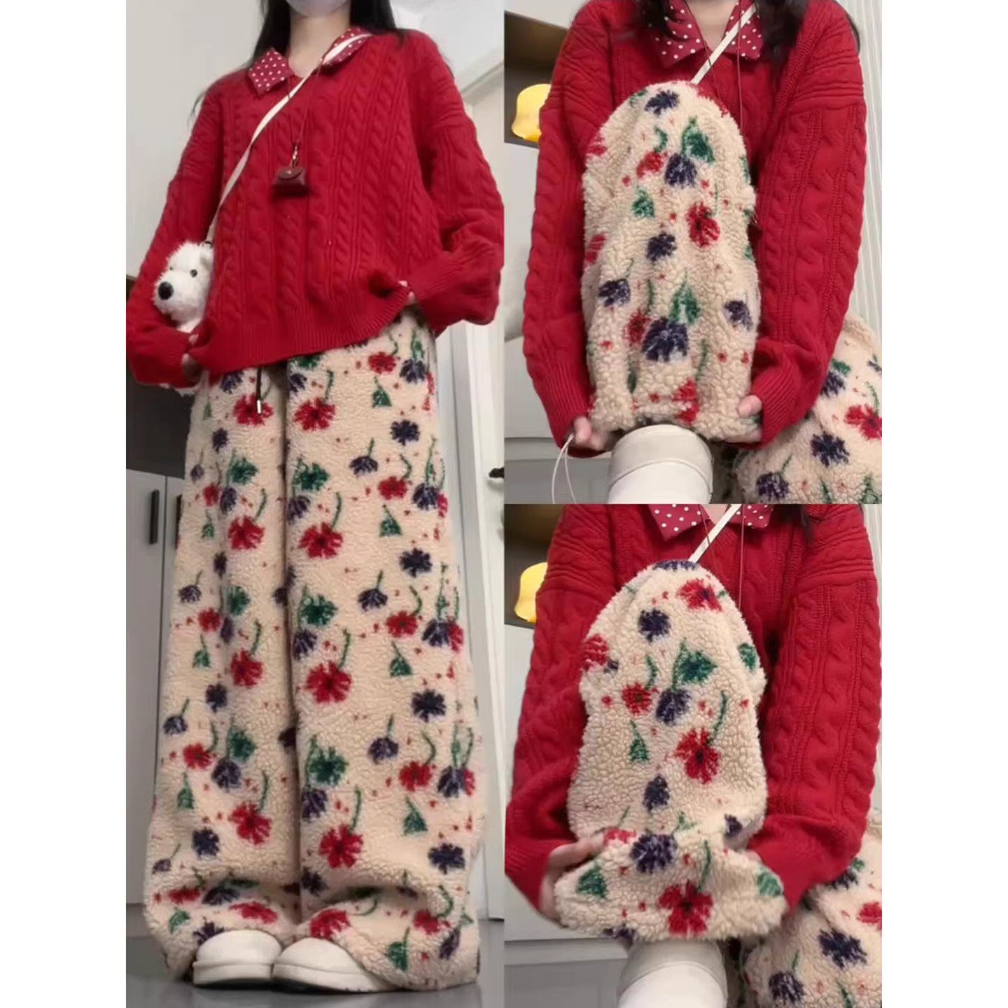 碎花摇粒绒阔腿裤女秋冬加绒加厚保暖棉裤小个子休闲运动家居睡裤