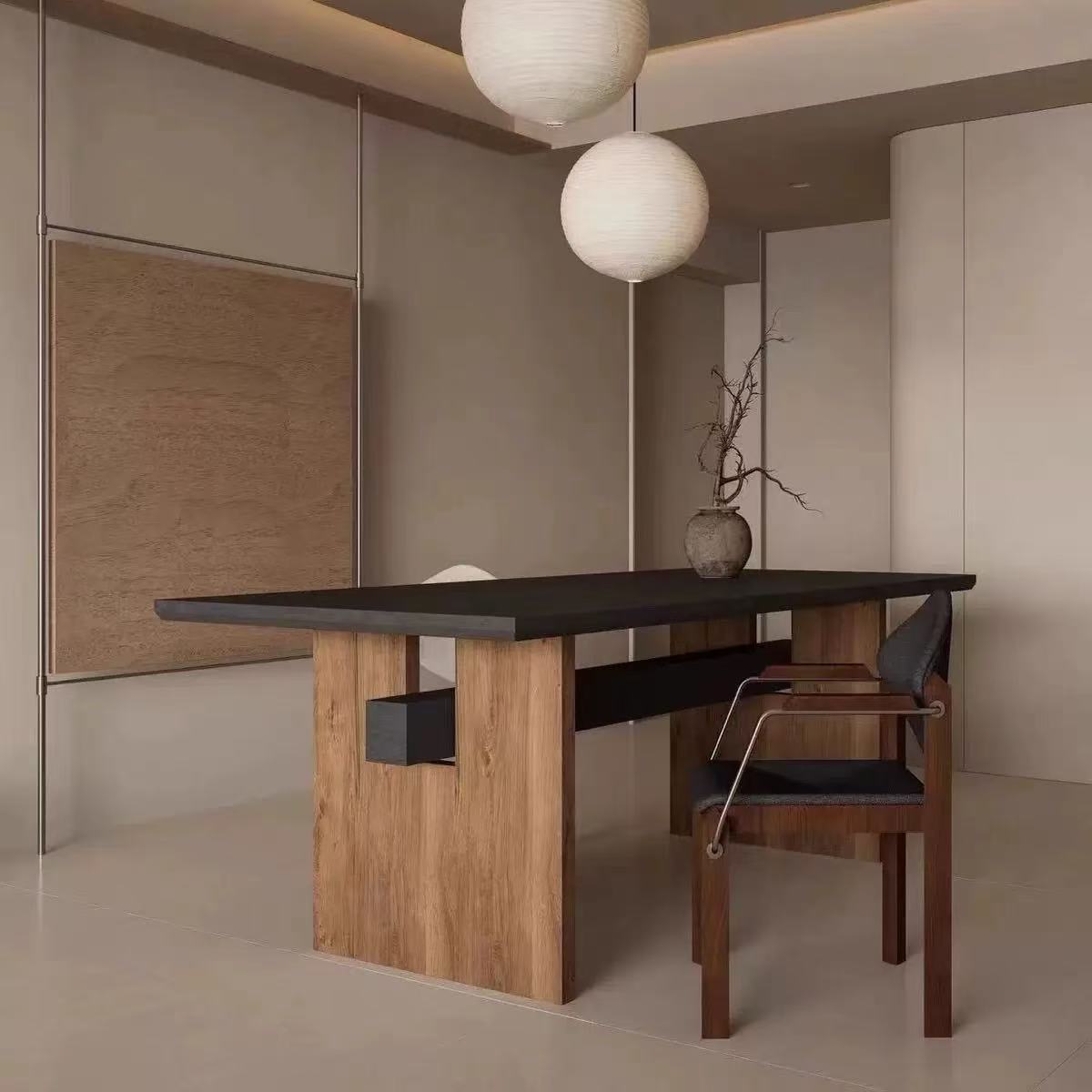 侘寂中古风实木餐桌家用大板长方形复古黑色客厅书桌茶桌一体两用