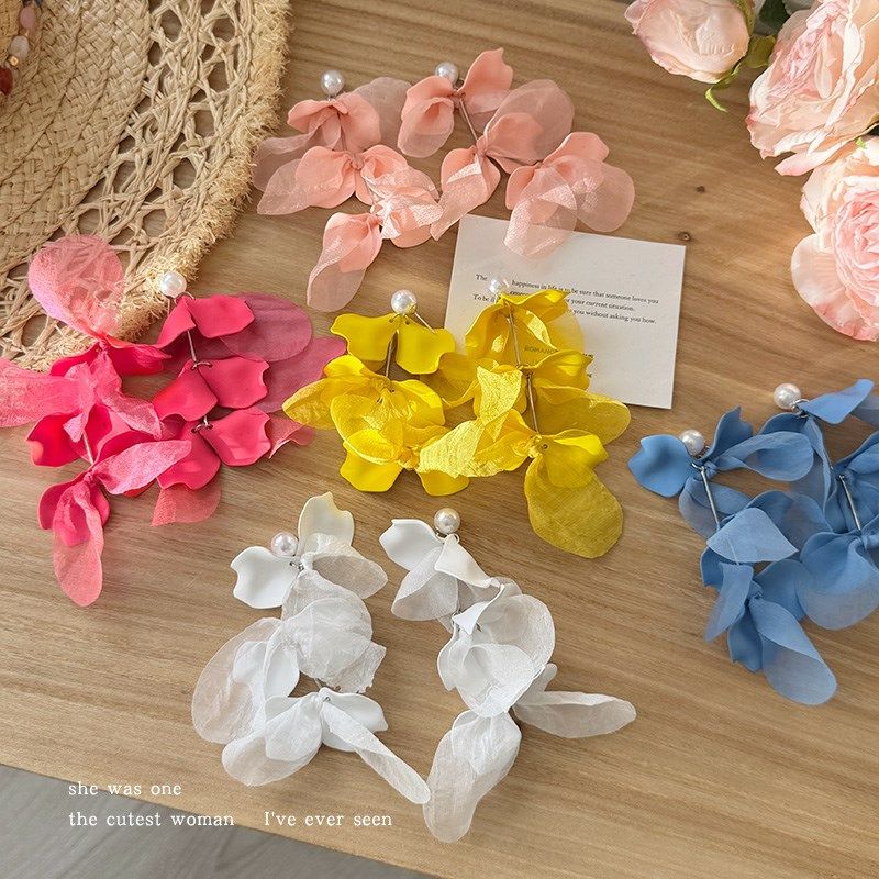 超仙雪纺花瓣流苏珍珠耳环女独特漂亮耳钉耳坠新款耳圈度假风耳饰,饰品/流行首饰/时尚饰品新,耳环,淘宝优惠券,粉丝福利购,淘宝优惠卷