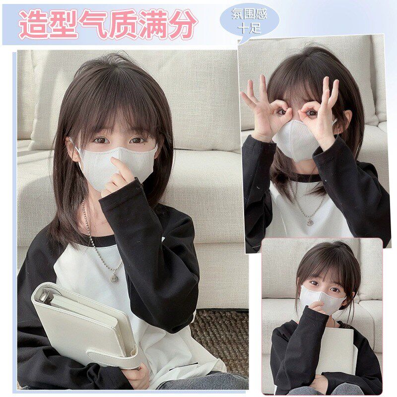 儿童假发女孩仿全真人空气刘海中长款锁骨发万用假发cos 全头套式