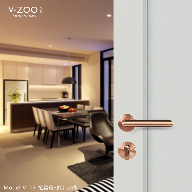 vzoo304不锈钢卧室门锁拉丝玫瑰金房门把手金色室内静音木门拉手