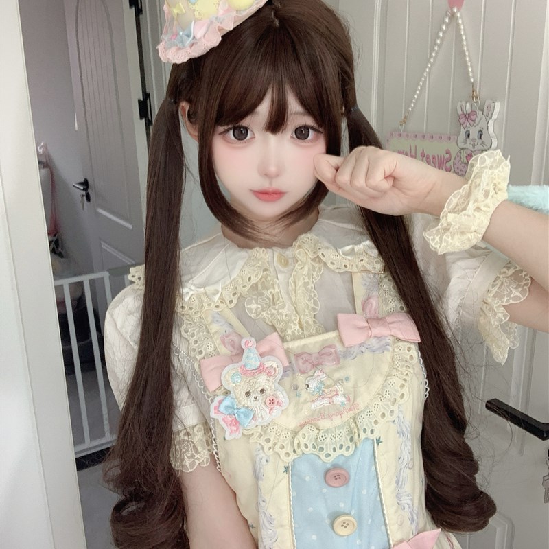 呆喵假发网红少萝自然lolita假发双马尾齐刘海新款时尚罗马卷78cm