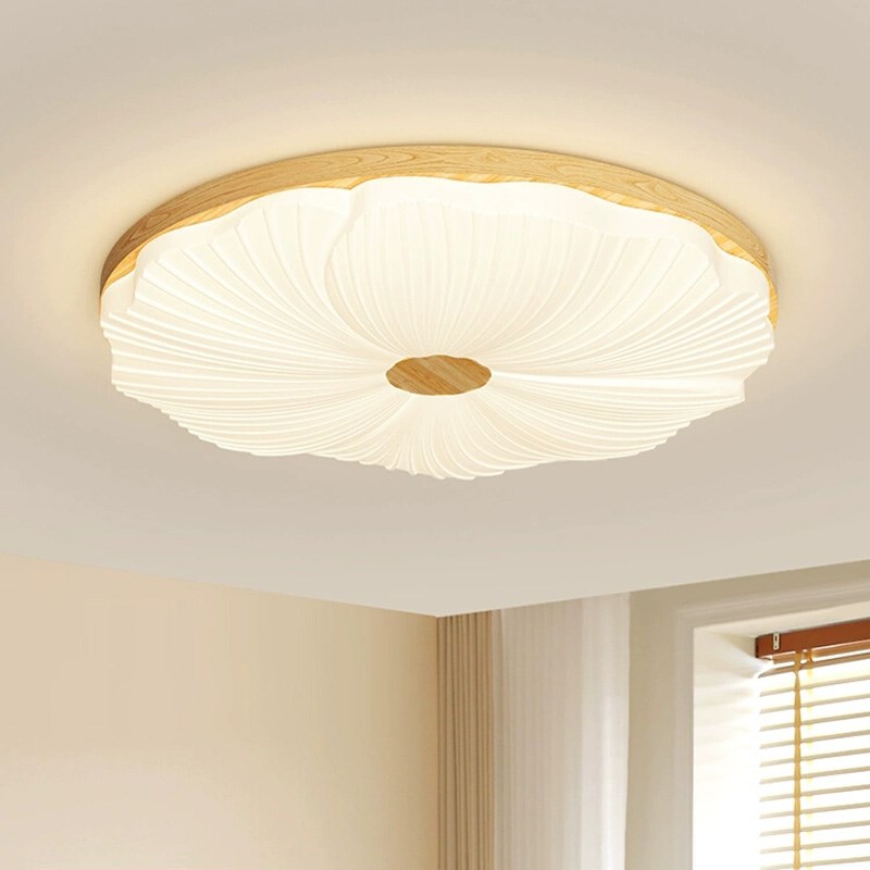 卧室吸顶灯简约中古风复古圆形胡桃木花朵主卧灯侘寂风房间灯2025