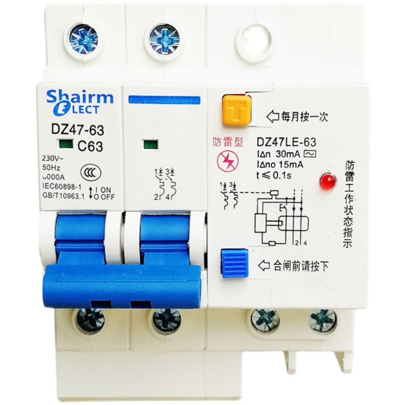 防雷漏电断路器2P空气开关带漏电保护漏保热水空调DZ47LE-63A家用