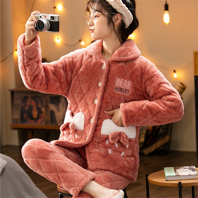 睡衣女冬季珊瑚绒三层加厚加绒夹A棉2021新款冬天外穿法兰绒家居