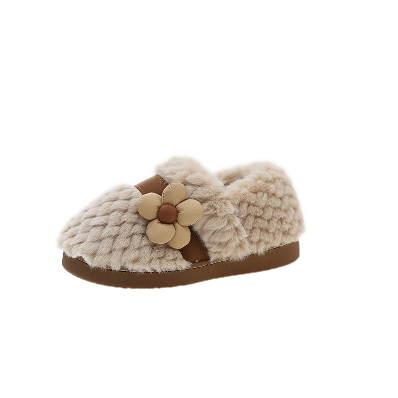 可爱花朵棉拖鞋女冬季时r尚外穿毛绒保暖包跟厚底防滑室内家用棉