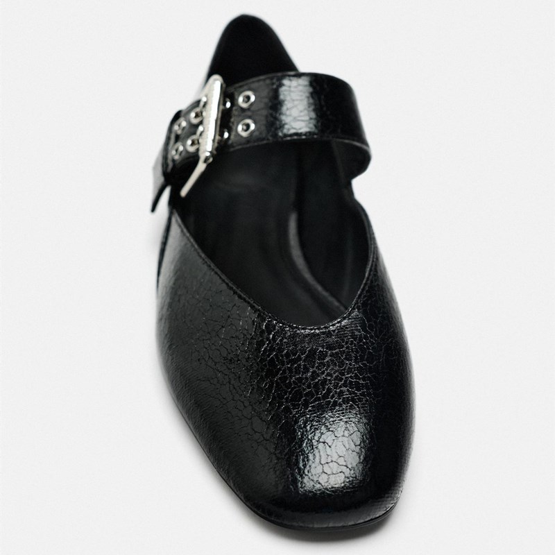 ZA2025年黑色饰带搭扣玛丽珍式平底芭蕾鞋N新款平跟圆头浅口单鞋