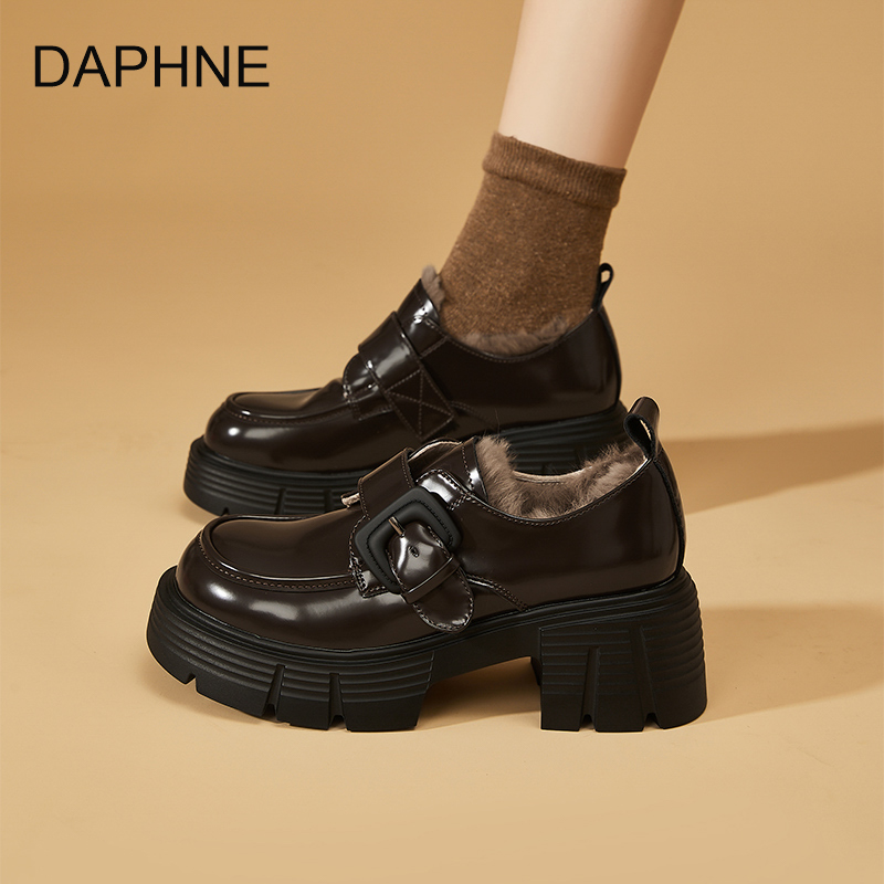 达芙妮厚底加绒乐福鞋女2025秋冬新款英伦风小皮鞋保暖百搭棉鞋女