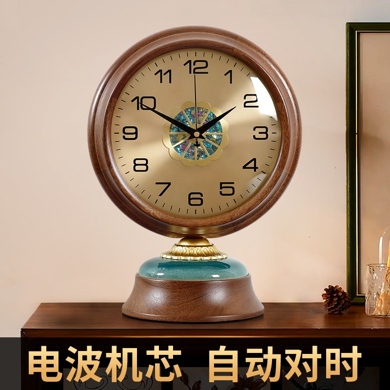 欧式仿铜色木质静音座钟客厅家用装饰E轻奢简约台钟桌柜台钟表D50