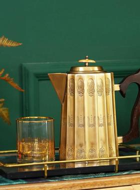 费灵家居进口黄铜手工雕花实木把手水扎轻奢冷水壶铜制壶装饰摆件