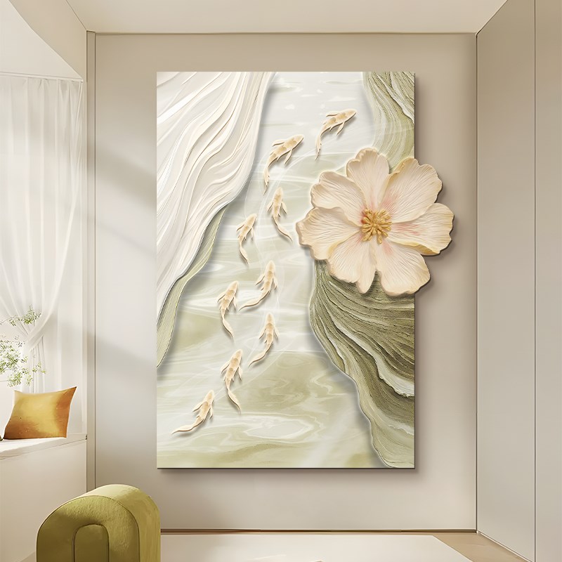 奶油风入户玄关装饰画走t廊尽头创意发光挂画客厅背景墙九鱼图壁图片