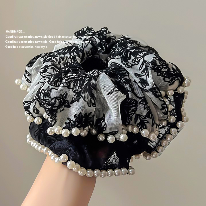 大号刺绣珍珠网纱大肠发圈马尾发绳扎发复古简约法式高端Y2023新