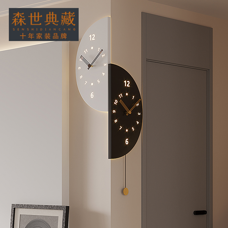 转角挂钟c客厅家用拐角双面时钟挂墙静音餐厅钟表2024新款带灯声