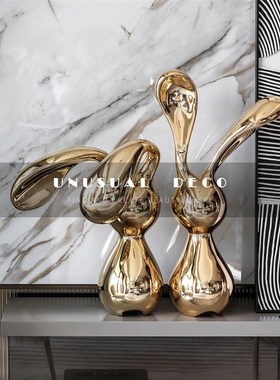 现代简约金色创意兔m子摆件雕塑样板房售楼处玄关客厅书房软装饰