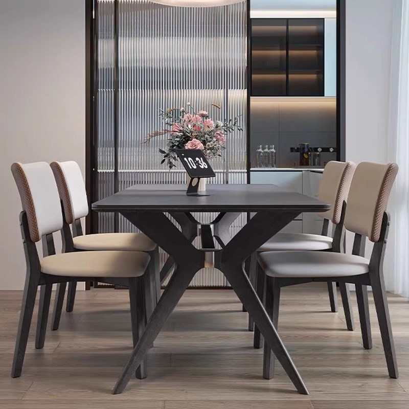 实木岩板餐桌现代简约小户型长方D形饭桌餐桌椅组合意式西餐桌