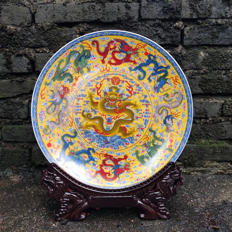 送龙架 b创意瓷盘装饰摆盘 三国三英战吕布 陶瓷25CM艺术挂盘