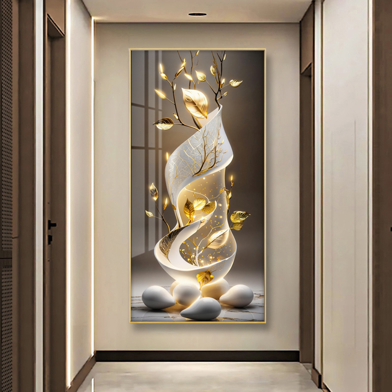 现代轻奢玄关装饰画走廊过道挂画金叶入户门正对墙壁灯画家大叶大
