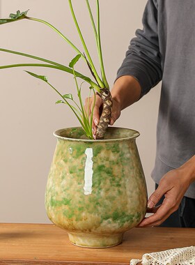 景德镇陶瓷花盆家用中式复古高级大号口径绿色高脚花瓶兰花盆