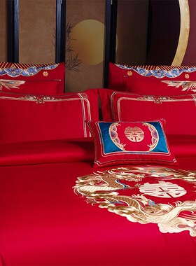 高端龙凤刺绣红色结婚四件套新婚庆被套床单婚房陪嫁床上用品床笠