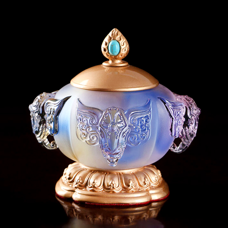 台湾琉璃供水杯i供佛杯家用七彩四象供杯黄铜圣水杯供奉菩萨净水