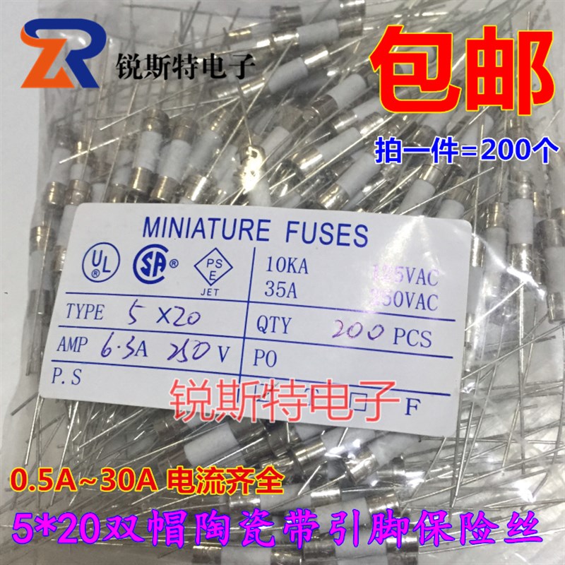 5x20MM 陶瓷保险丝管 慢断带引线脚 T0.5A/1A/2A/5A/10A/3X0A 250