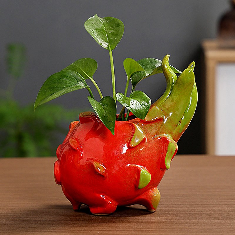 火龙果创意陶瓷花瓶水培植物花器桌面装饰摆Q件绿萝铜钱草鲜花插