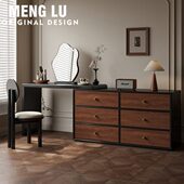 梦鹿M2中古风梳妆台斗柜一体卧室胡桃木纹化妆桌全实木化妆台收纳