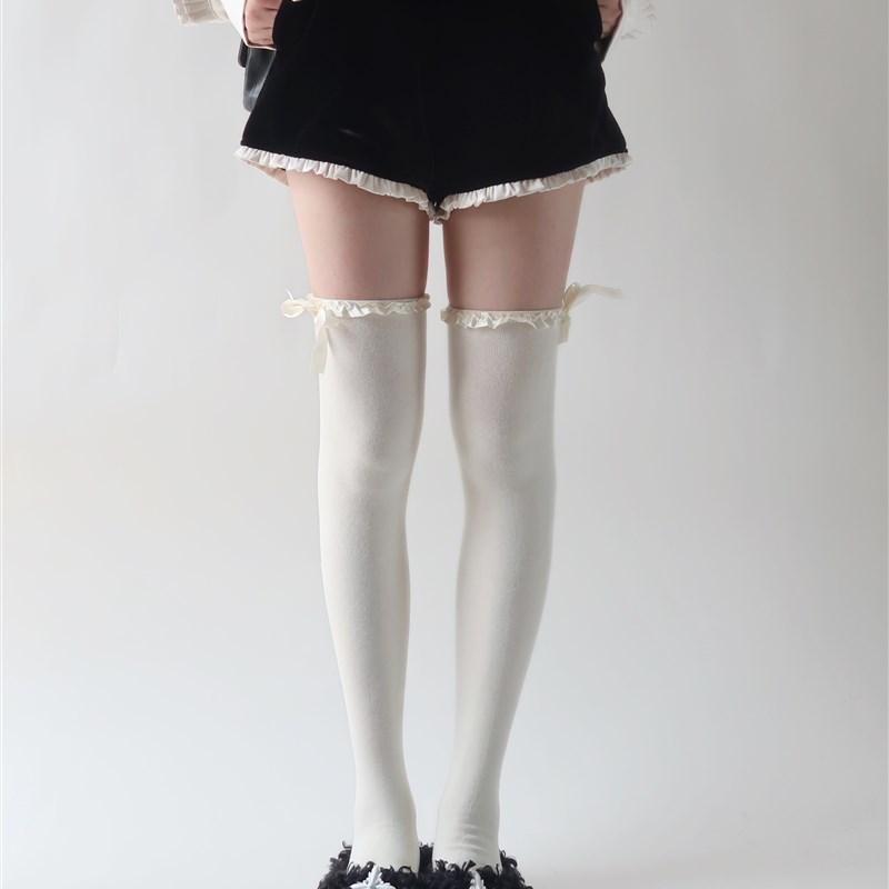 陆甜茶 白色蕾丝花边袜子女冬季黑色过膝袜jk长筒可爱日系高筒靴