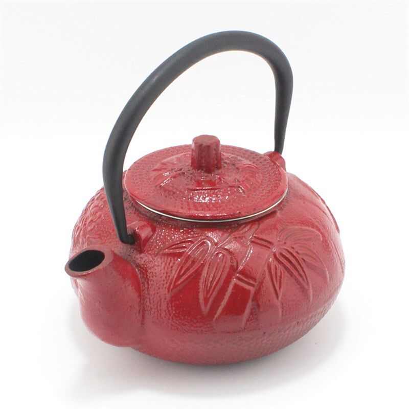 600cc梅竹兰君子壶 酒红色烧水壶搪瓷铸铁茶壶南部台湾铁壶关西