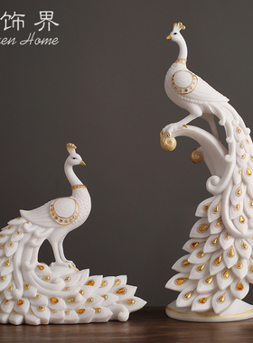 轻奢孔雀装饰摆件客厅桌面电视柜玄关装饰品新中式复W合砂岩工艺