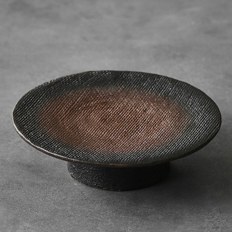 向美创意棉麻纹陶瓷茶点盘手作高脚果盘中式点心盘W织布烧粗陶托