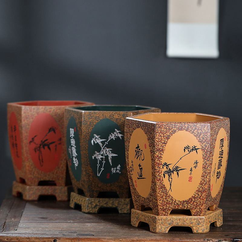 精品紫砂花盆绿植花卉君子兰花盆景六方形轻奢古典室内桌面中国风