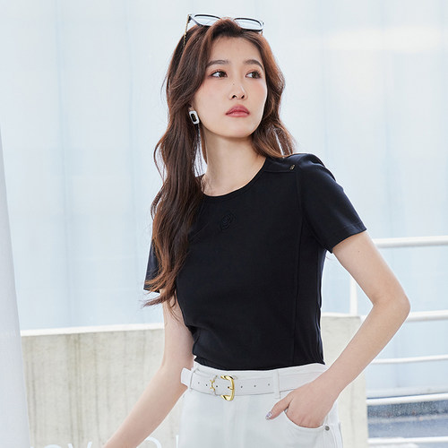 【时菲菲】商场同款夏季新品百搭收腰压花T恤N034A42500