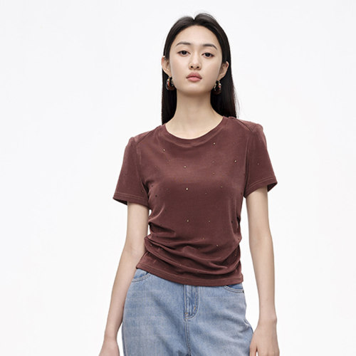 【天天yoko】商场同款夏季新品烫钻设计抽褶T恤N036A42536
