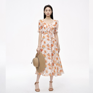 夏季 商场同款 晕染方领雪纺连衣裙N196A42058 时菲菲