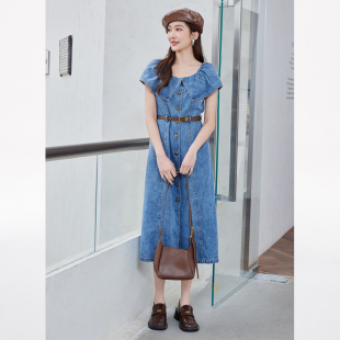 夏季 商场同款 翻领烫钻牛仔连衣裙N194B42528 时菲菲