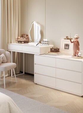 2024新款实i木梳妆台卧室简约现代轻奢奶油风极简化妆桌斗柜一体