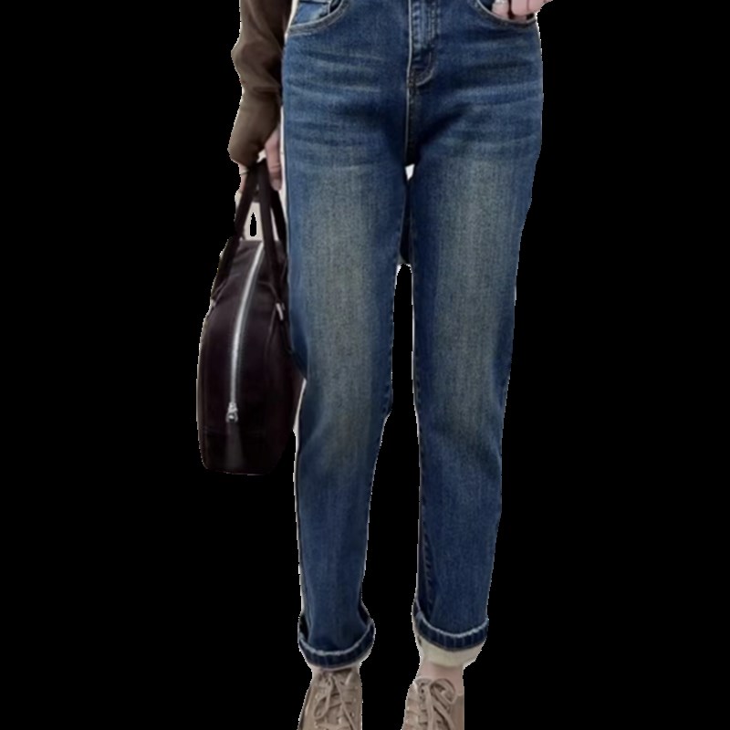 欧货加绒裤c脚字母小直筒牛仔裤女2023冬季新款显瘦磨毛九分烟筒