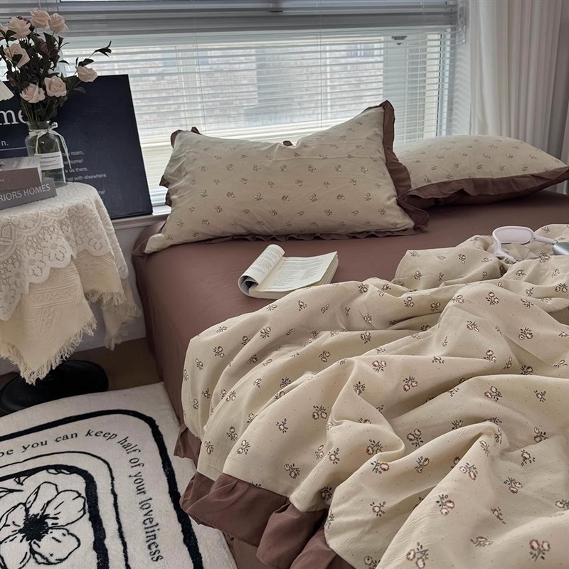 复古insd少女田园小碎花水洗棉麻夏凉被四件套花边款空调被学生被