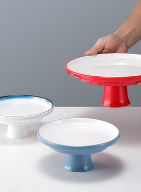 双色密胺高脚盘子商用菜盘仿瓷餐具平盘餐厅酒店专用水果盘汤盘