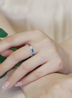 跨境新款夏日清h新彩虹锆石戒指女S925银镶多色彩宝食指戒欧美简